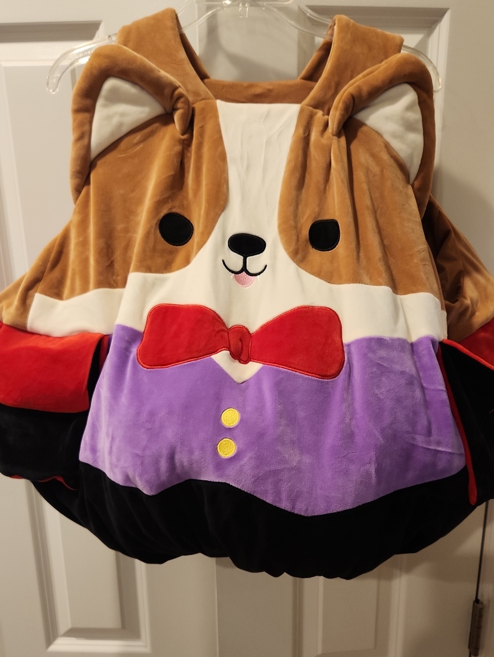 Squishmallows Brown Corgi Costume with Red Bow and Purple Vest